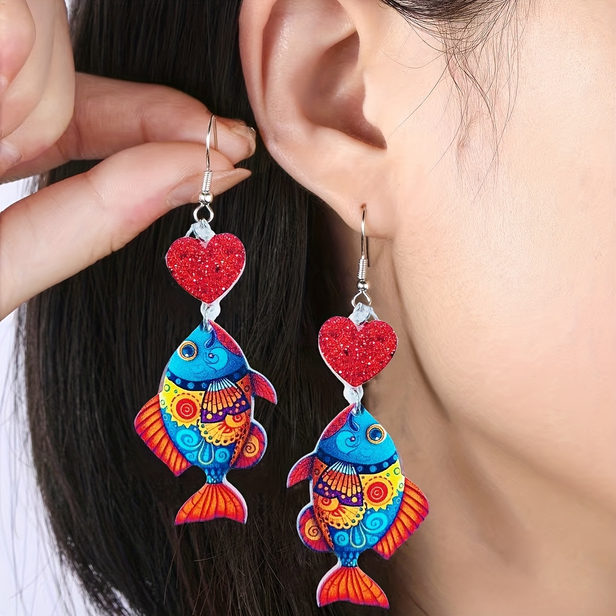 Women's Handmade Iridescent Fish and Heart Pendant Drop Earrings